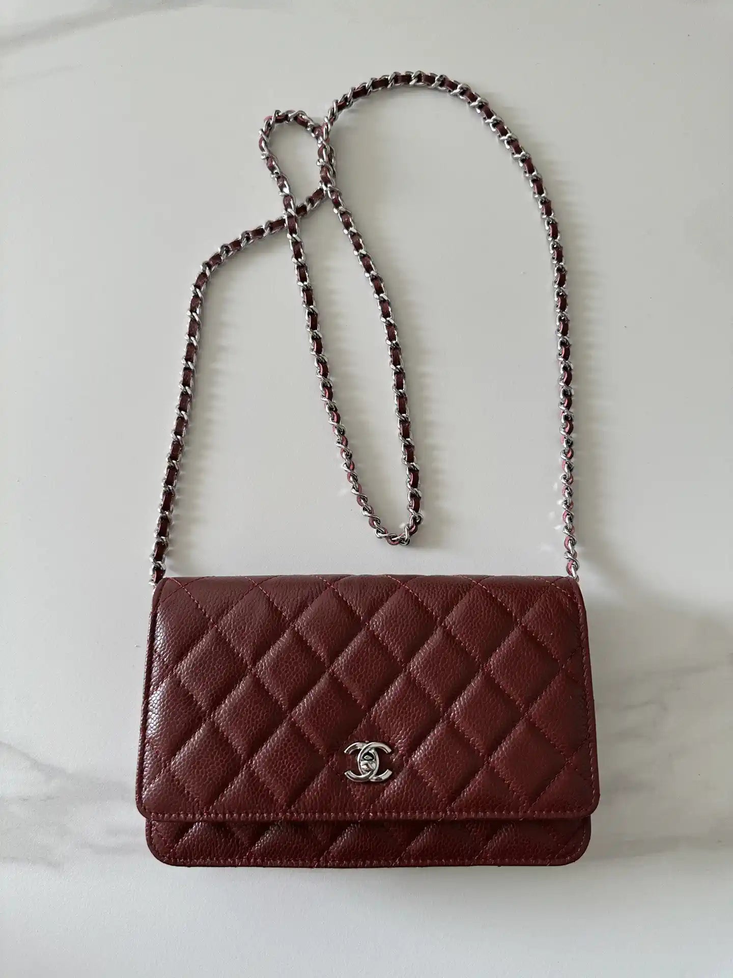 Chanel AP4241 Classic Wallet On Chain Grained Shiny Calfskin Wine Red