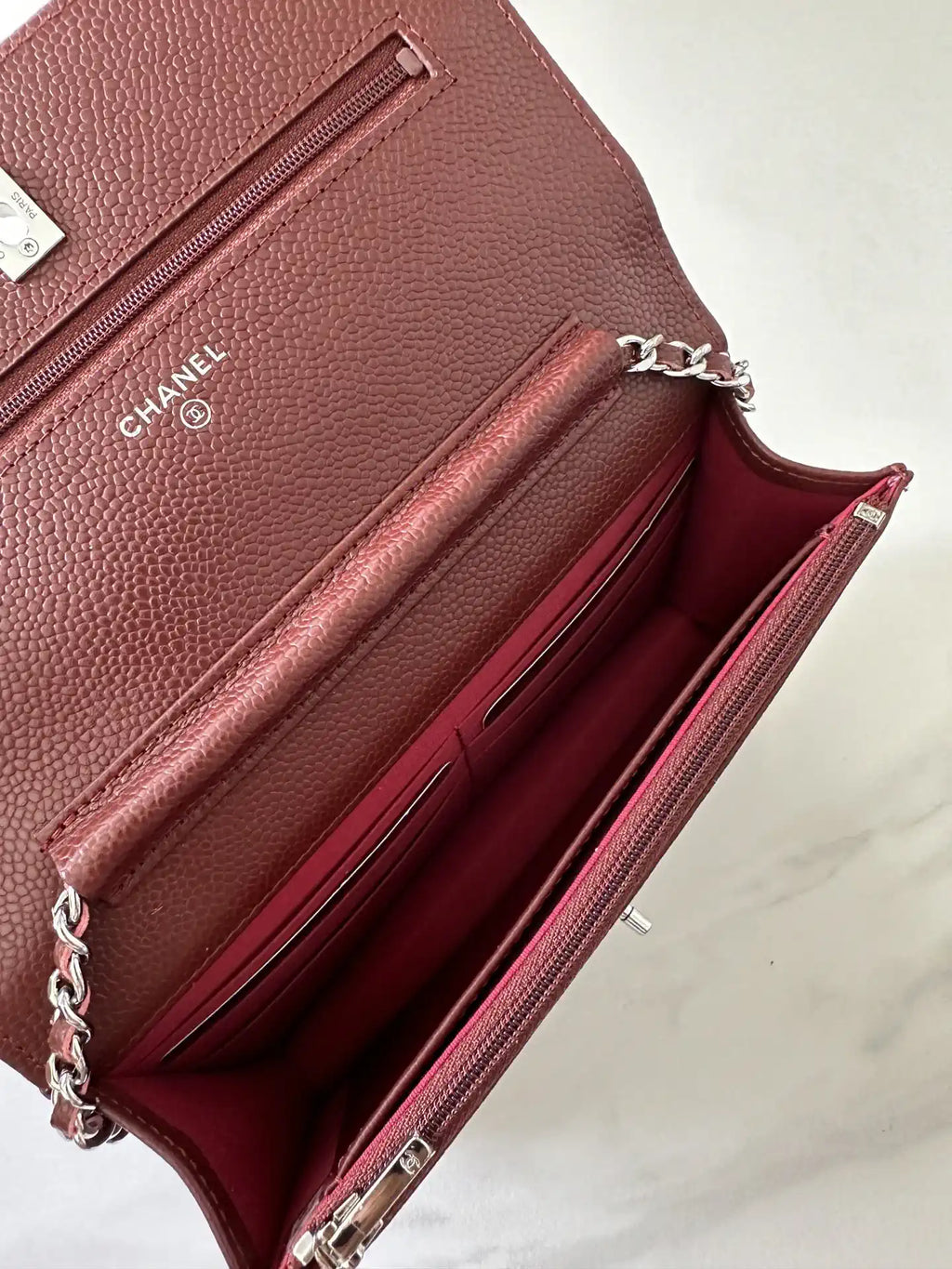 Chanel AP4241 Classic Wallet On Chain Grained Shiny Calfskin Wine Red