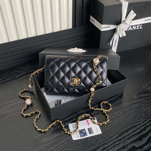 Chanel AP4282 19 Wallet On Chain Shiny Lambskin  Imitation Pearls & Gold-Tone Metal Black - Default Title - View 1