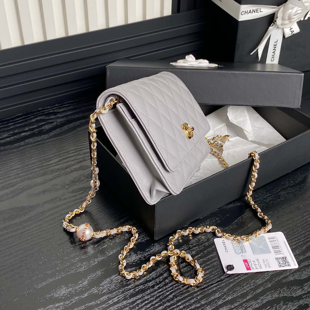 Chanel AP4282 19 Wallet On Chain Shiny Lambskin  Imitation Pearls & Gold-Tone Metal Gray - Default Title - View 5