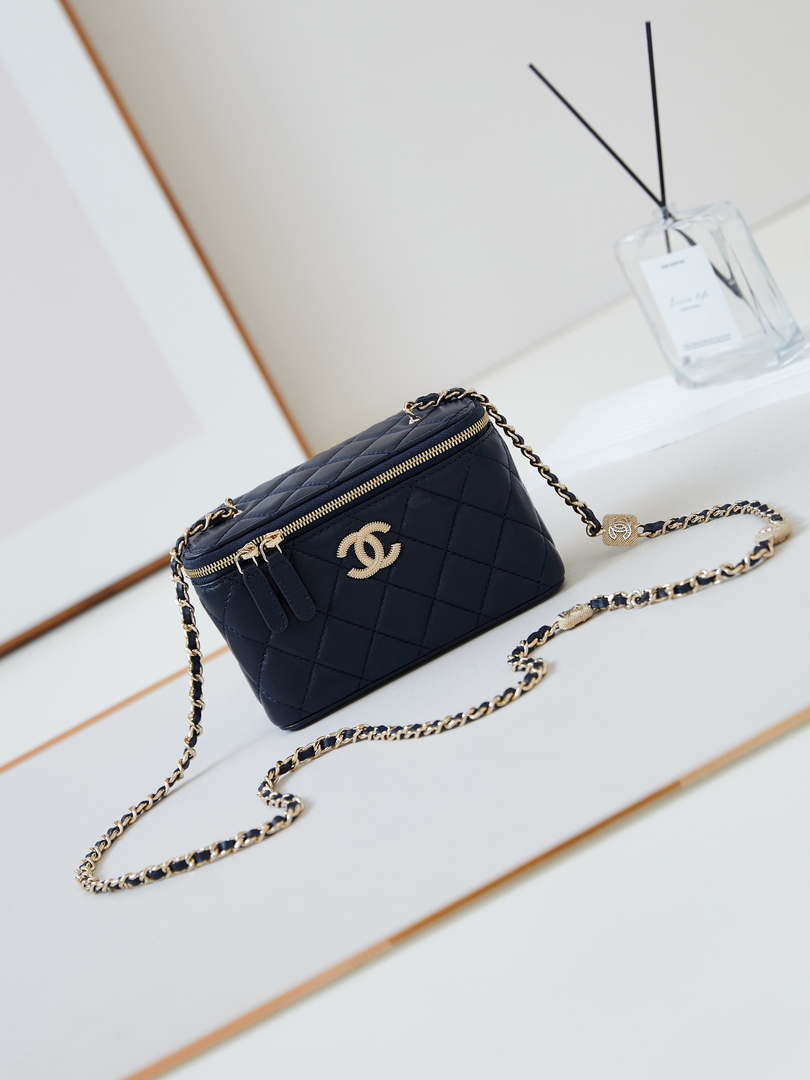 Chanel AP4301 Clutch Embossed Rhinestone with Chain Vanity Box bag Dark Blue - Default Title - View 1
