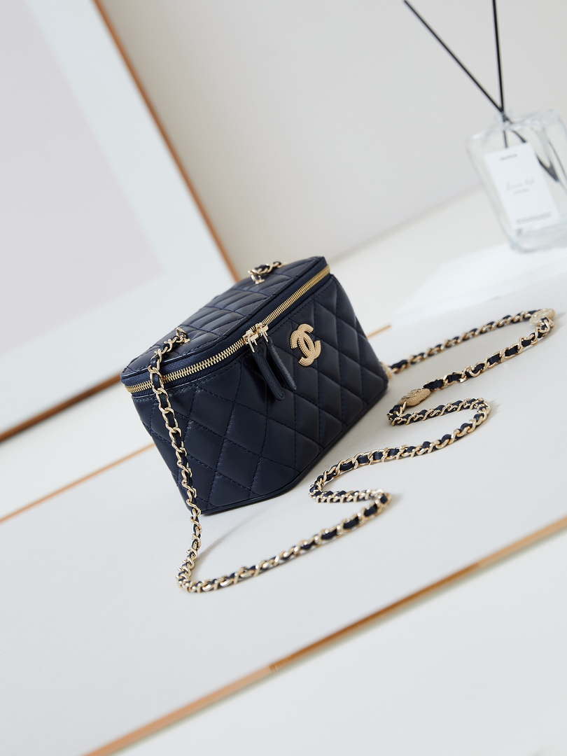 Chanel AP4301 Clutch Embossed Rhinestone with Chain Vanity Box bag Dark Blue