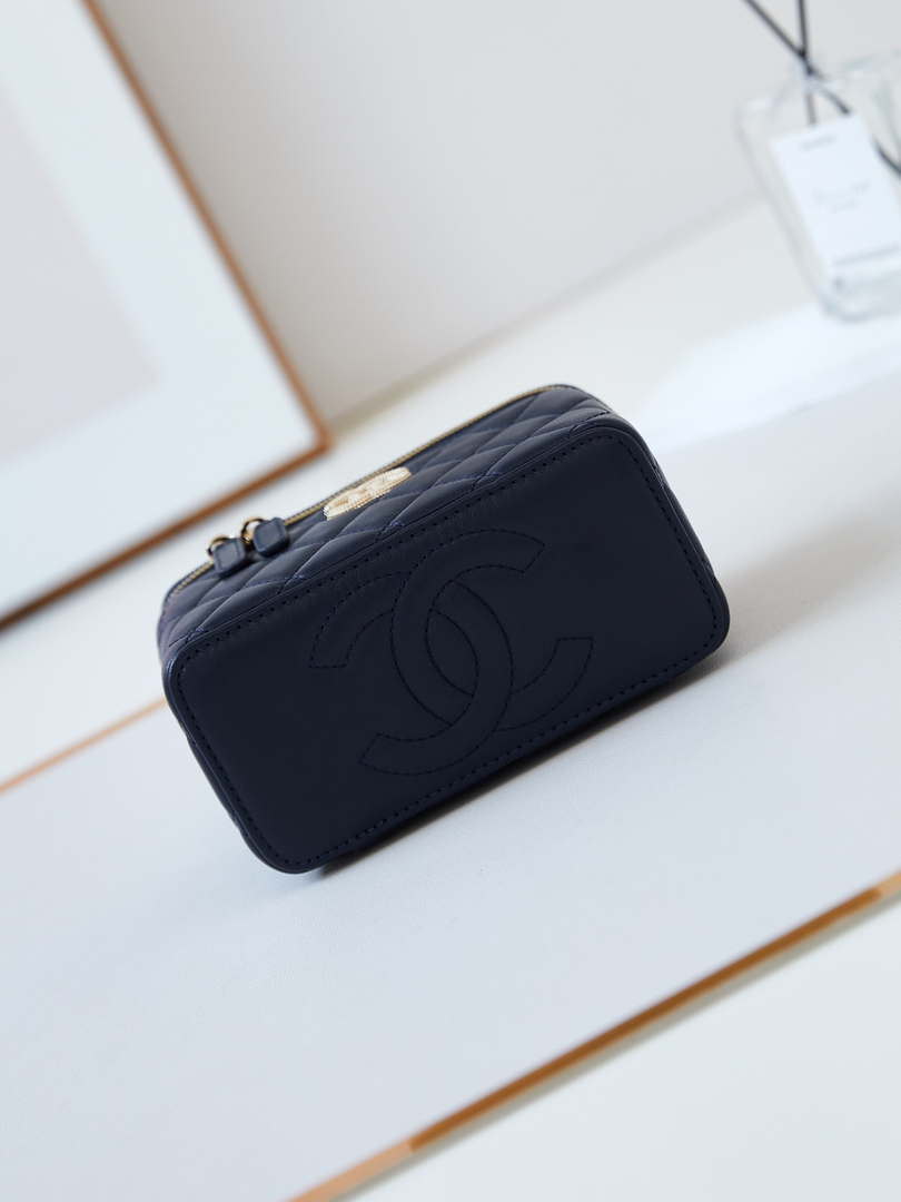 Chanel AP4301 Clutch Embossed Rhinestone with Chain Vanity Box bag Dark Blue
