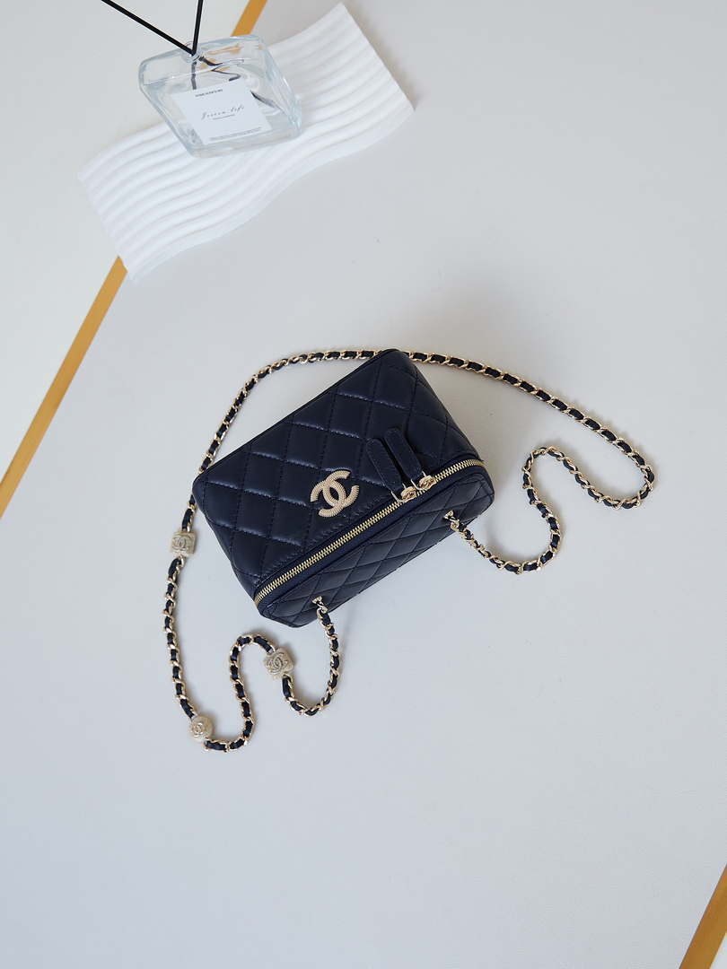 Chanel AP4301 Clutch Embossed Rhinestone with Chain Vanity Box bag Dark Blue