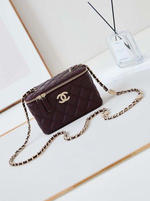Chanel AP4301 Clutch Embossed Rhinestone with Chain Vanity Box bag Dark Red - Default Title - View 1