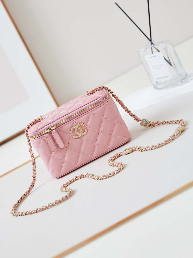 Chanel AP4301 Clutch Embossed Rhinestone with Chain Vanity Box bag Light Pink - Default Title - View 1
