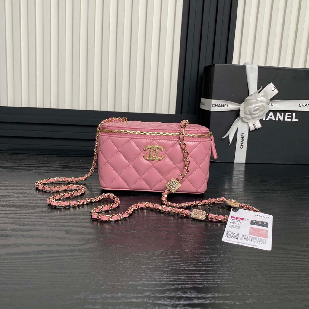 Chanel AP4301 Clutch Embossed Rhinestone with Chain Vanity Box bag Pink