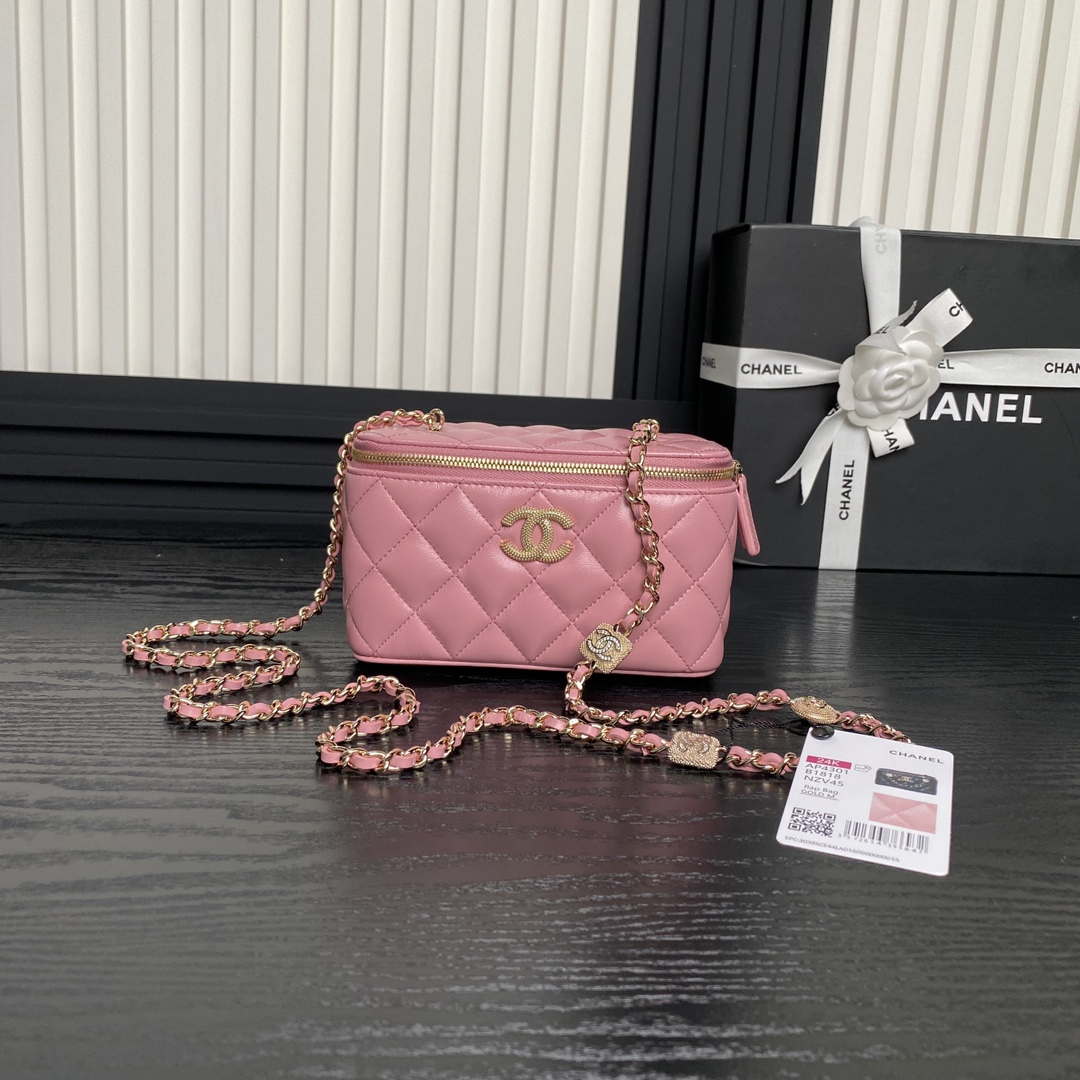 Chanel AP4301 Clutch Embossed Rhinestone with Chain Vanity Box bag Pink