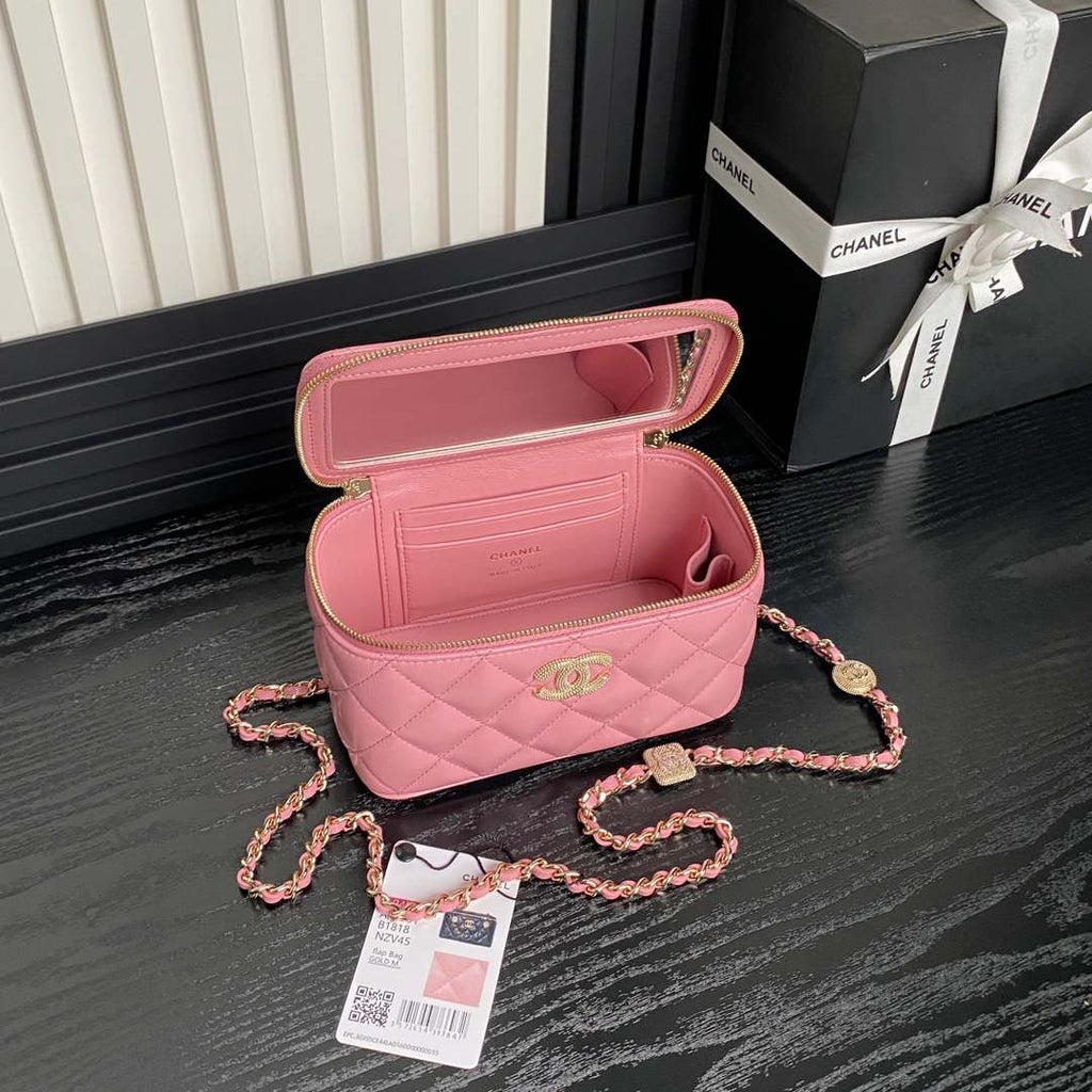 Chanel AP4301 Clutch Embossed Rhinestone with Chain Vanity Box bag Pink
