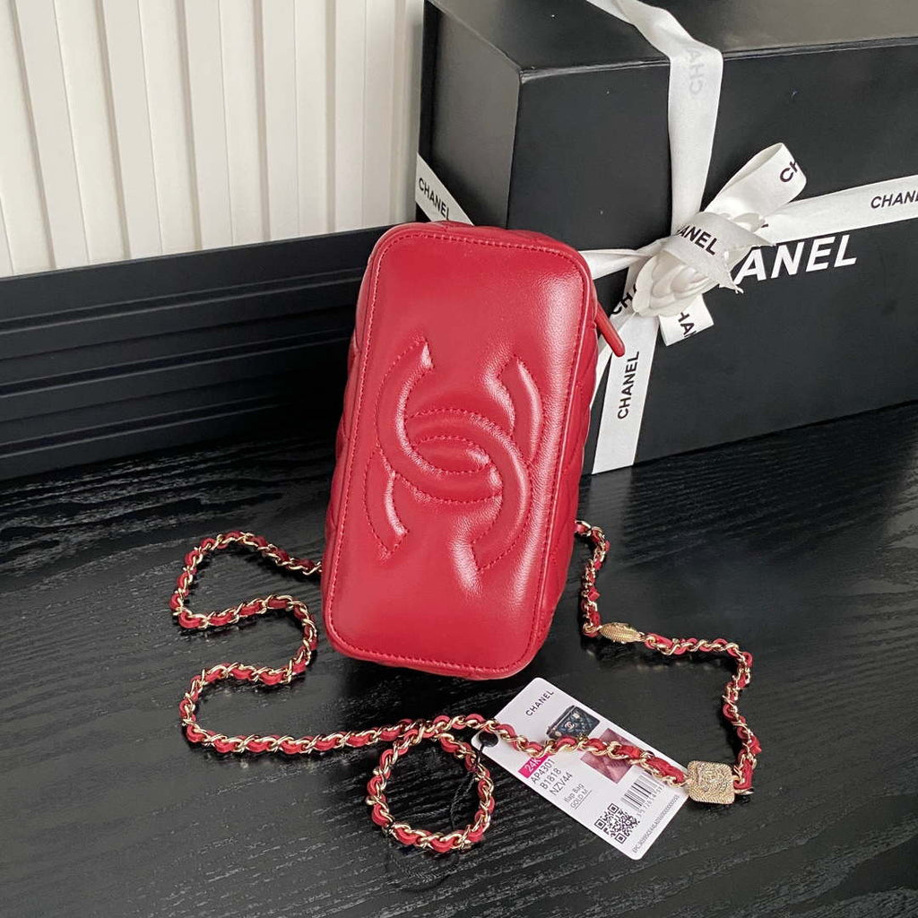 Chanel AP4301 Clutch Embossed Rhinestone with Chain Vanity Box bag Red