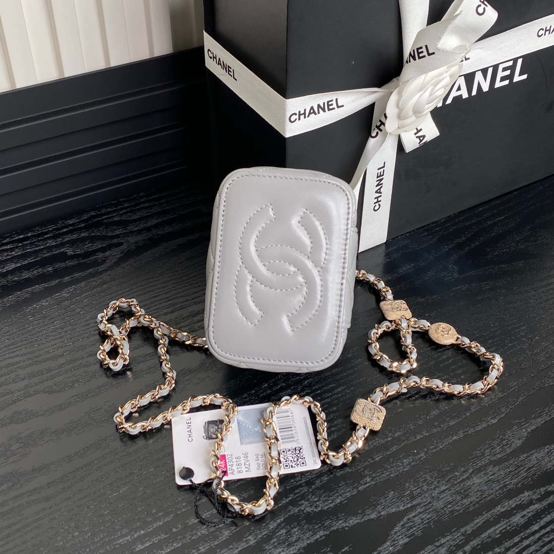 Chanel AP4302 Mini Clutch Embossed Rhinestone with Chain Vanity Box bag Gray - Default Title - View 5