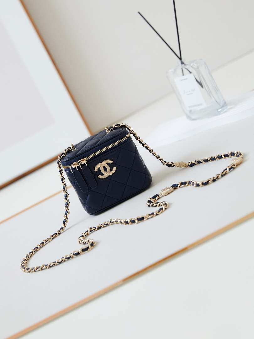 Chanel AP4302 Mini Clutch Embossed Rhinestone with Chain Vanity Box bag Navy Blue - Default Title - View 1