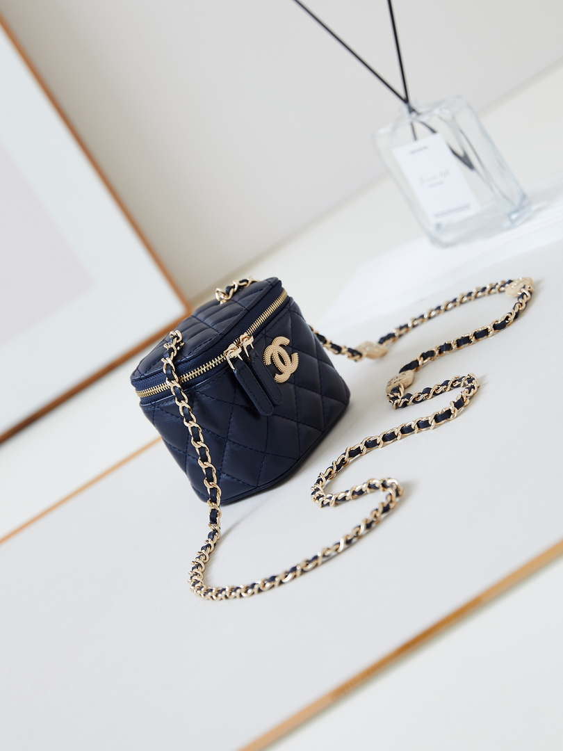 Chanel AP4302 Mini Clutch Embossed Rhinestone with Chain Vanity Box bag Navy Blue