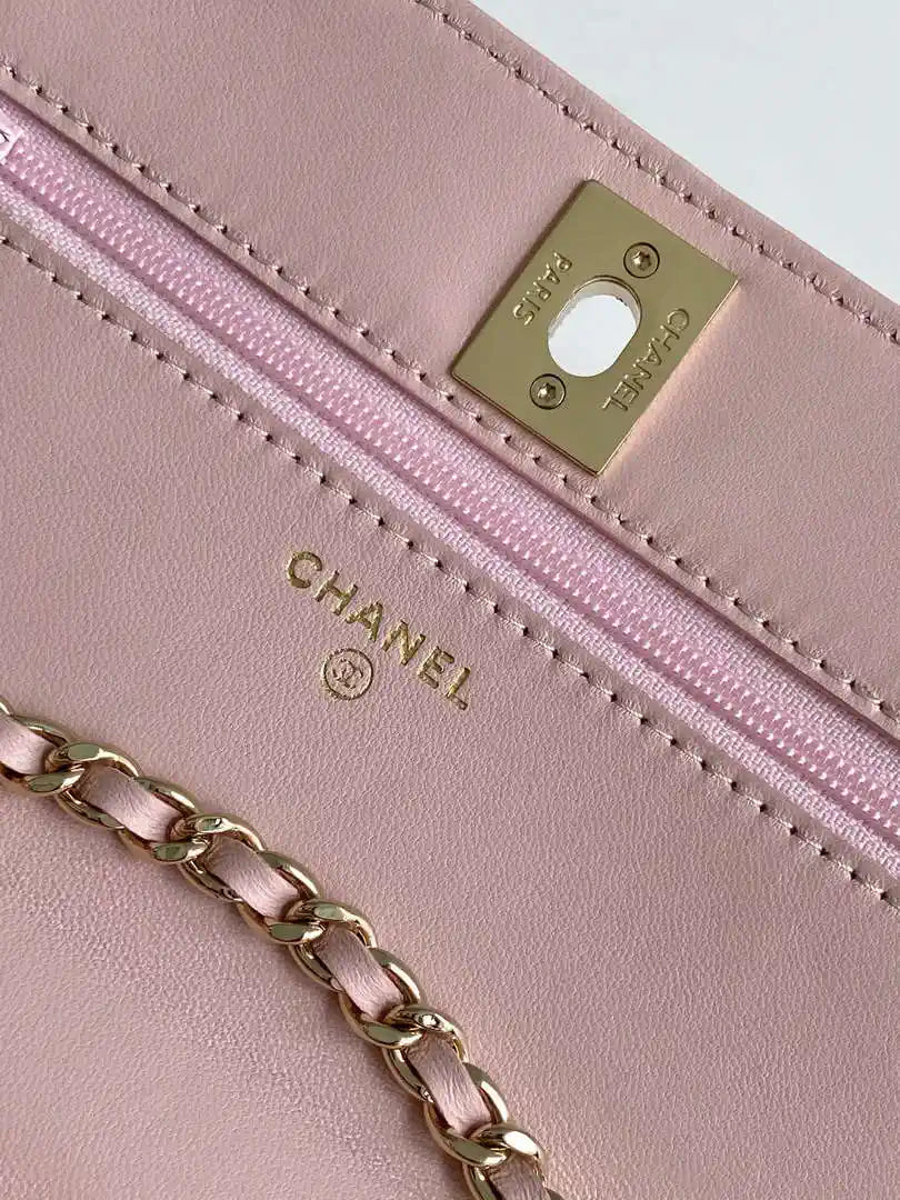 Chanel AP4323 Wallet On Chain Lambskin Diamant¨¦ Gold Pink