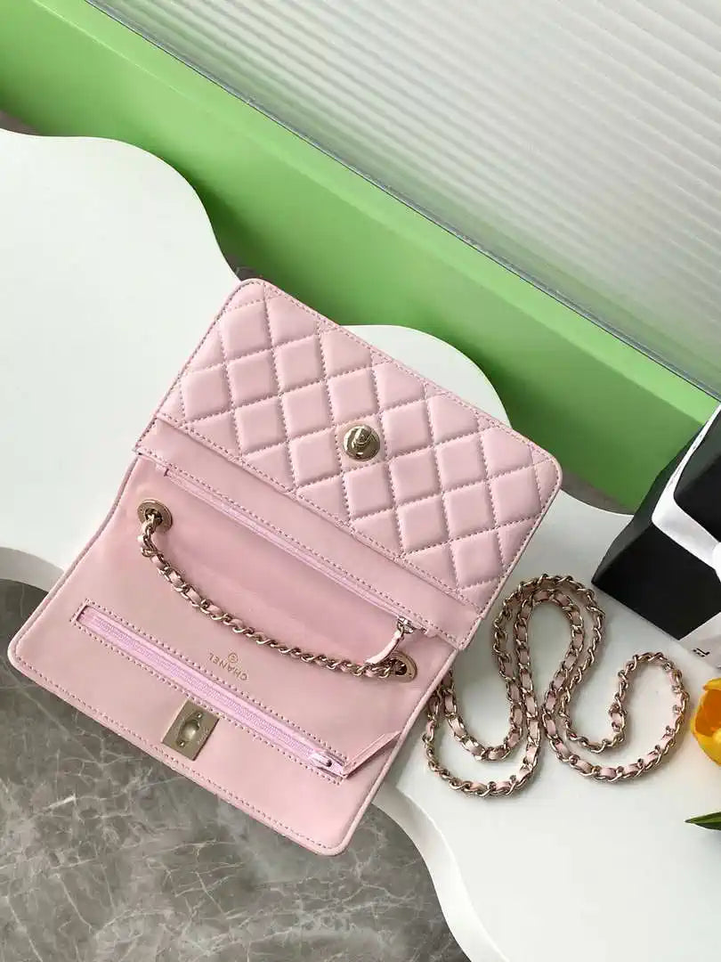 Chanel AP4323 Wallet On Chain Lambskin Diamant¨¦ Gold Pink