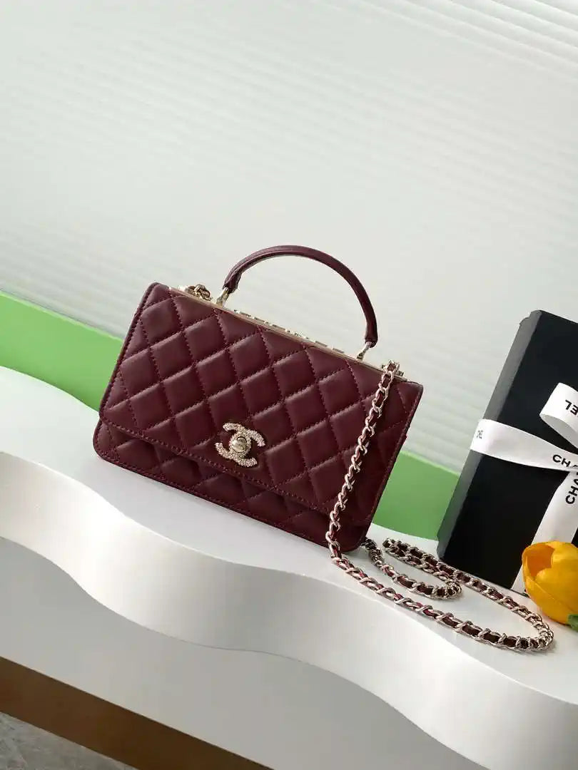 Chanel AP4323 Wallet On Chain Lambskin Diamant¨¦ Gold Wine Red