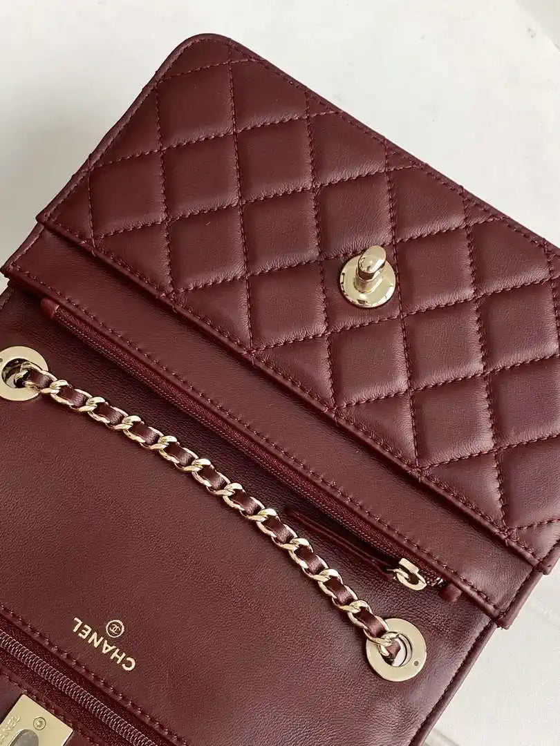 Chanel AP4323 Wallet On Chain Lambskin Diamant¨¦ Gold Wine Red