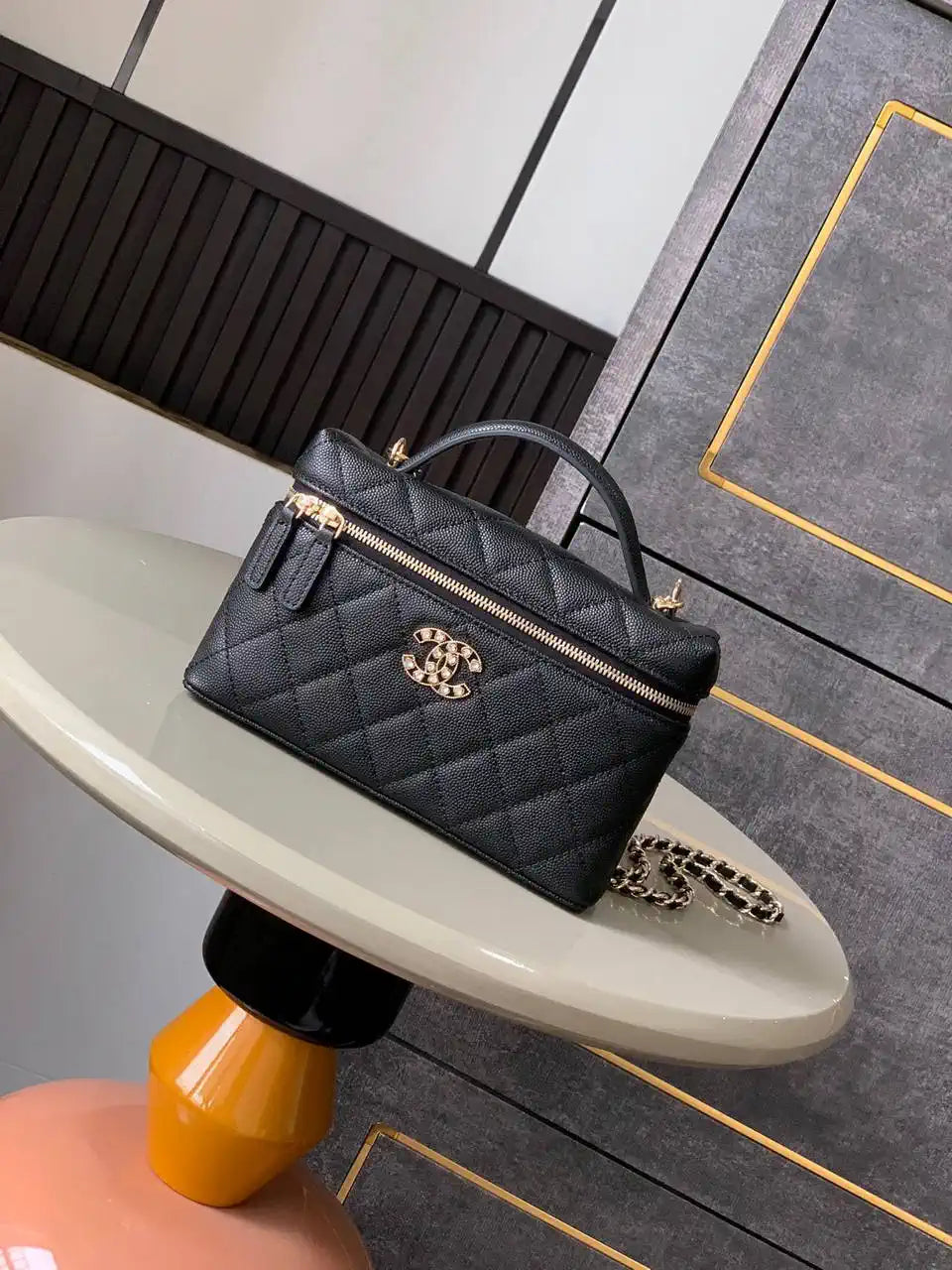 Chanel AP4407 Vanity with Chain Grained Calfskin Black