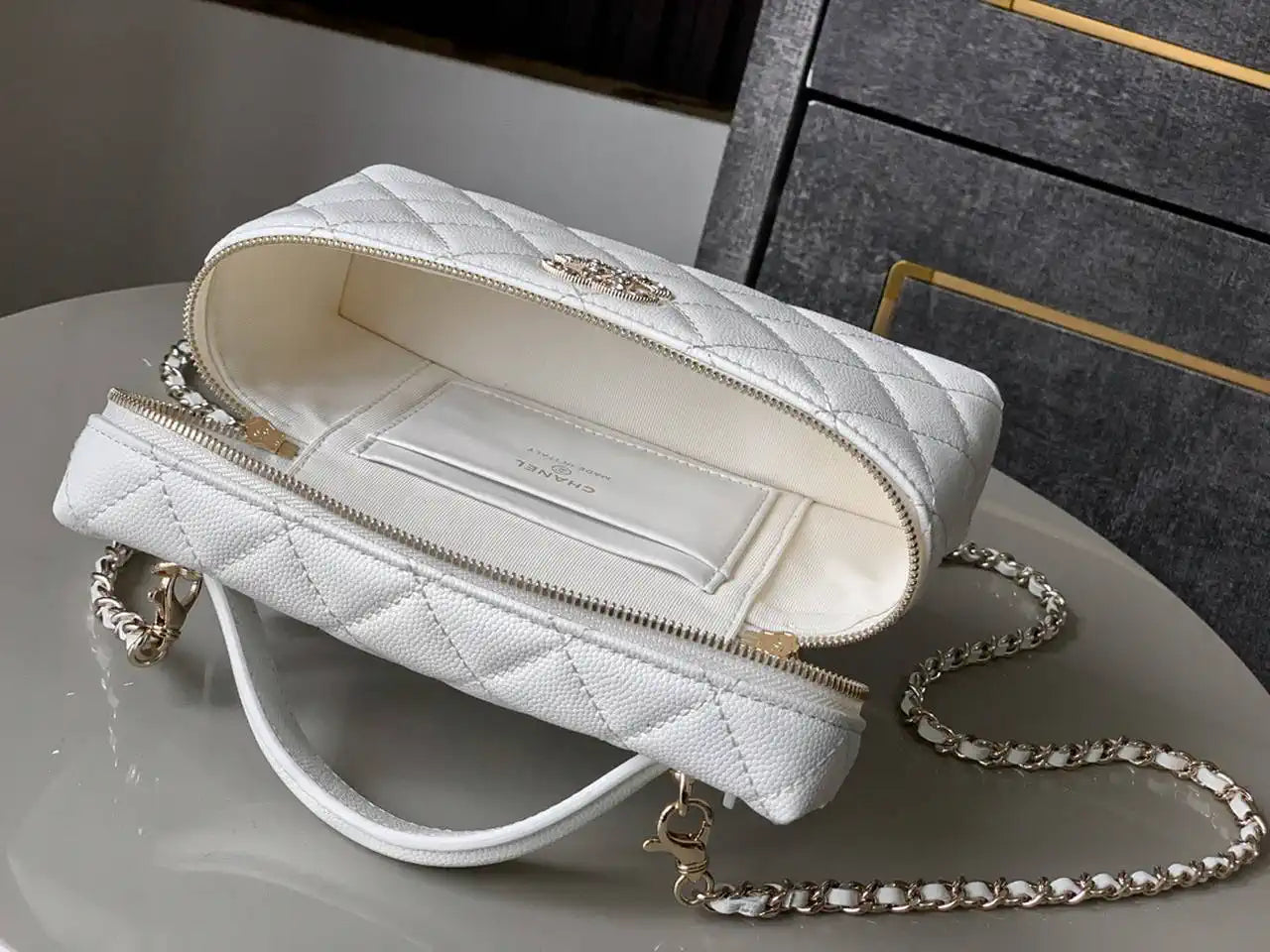 Chanel AP4407 Vanity with Chain Grained Calfskin White