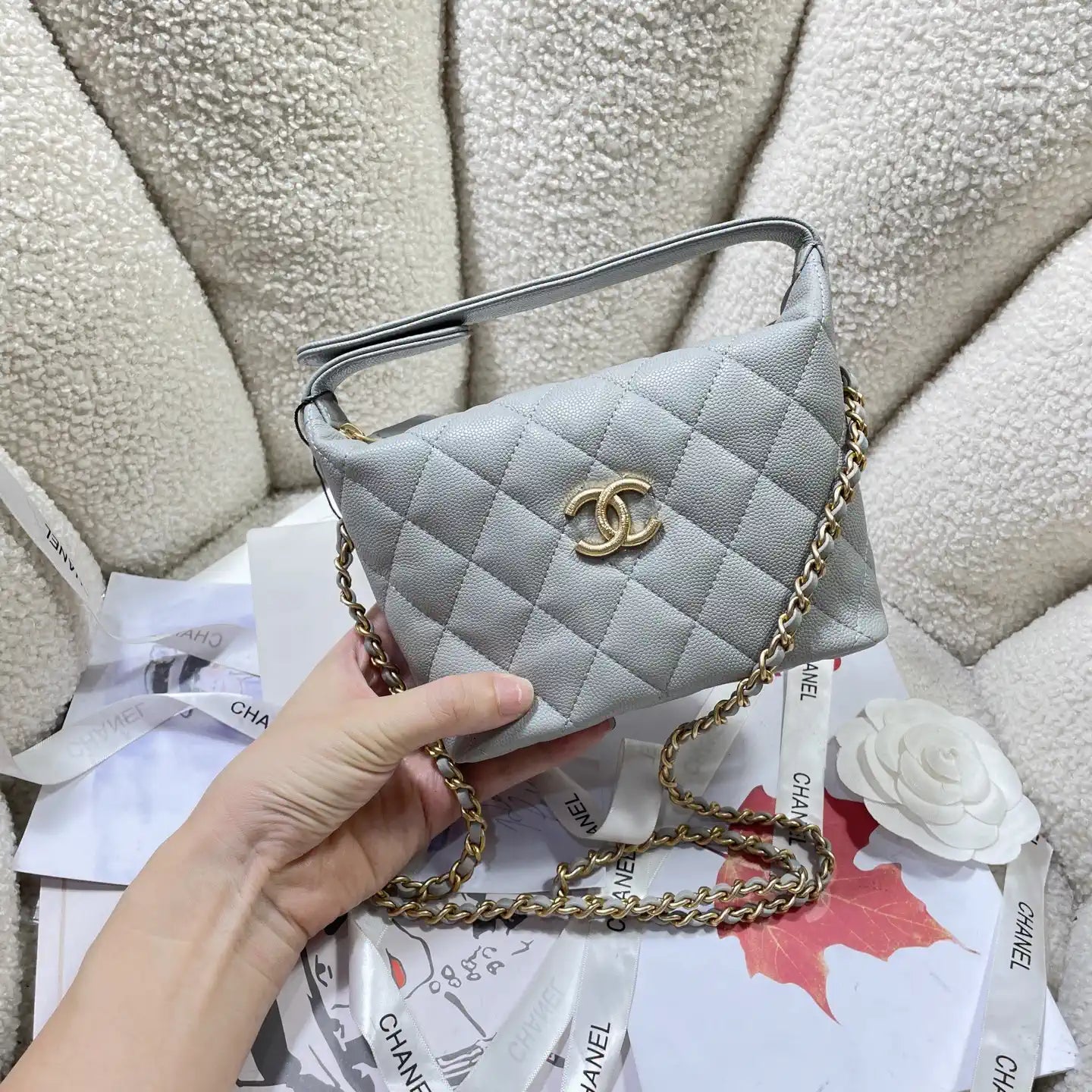 Chanel AP4484 Clutch with chain Grained Shiny Calfskin Gray
