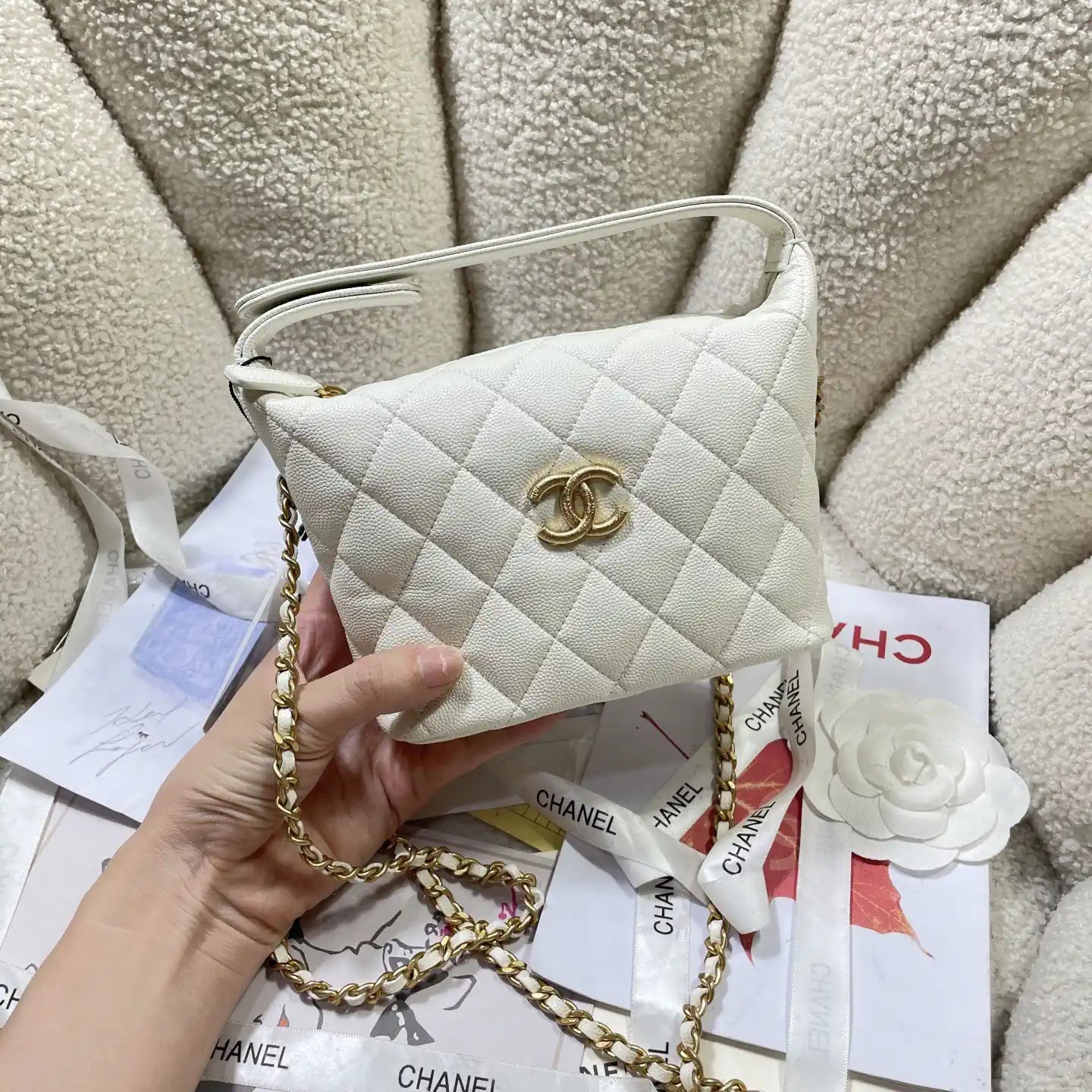Chanel AP4484 Clutch with chain Grained Shiny Calfskin White