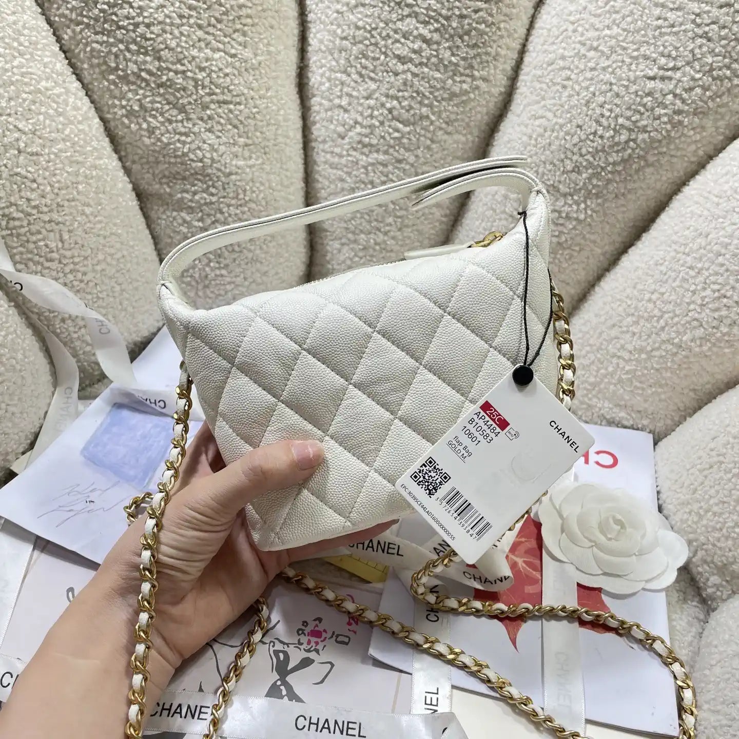 Chanel AP4484 Clutch with chain Grained Shiny Calfskin White
