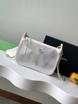Chanel AP4572 25S Clutch With Chain Mesh Shiny Lambskin & Gold-Tone Metal White - Default Title - View 1