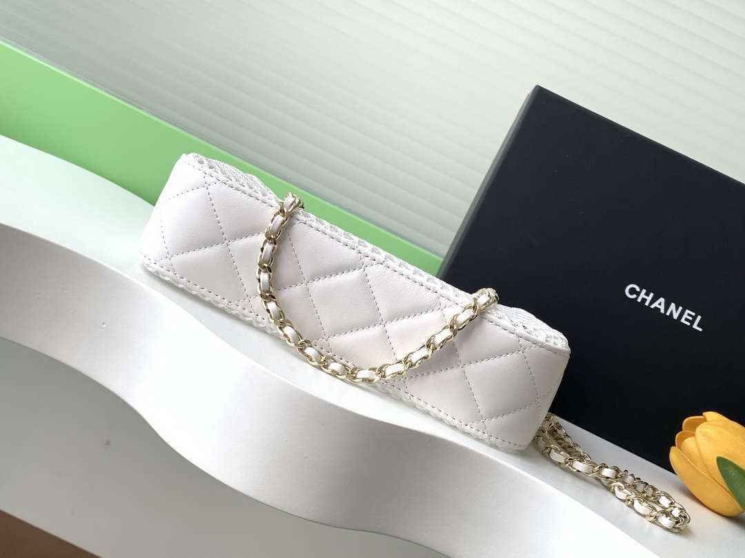 Chanel AP4572 25S Clutch With Chain Mesh Shiny Lambskin & Gold-Tone Metal White