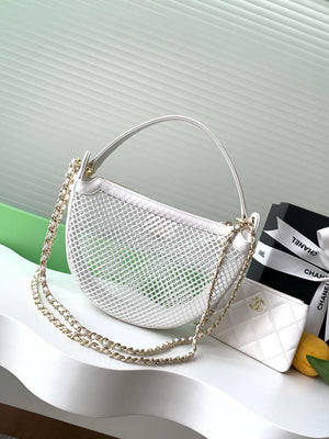 Chanel AP4573 25S Clutch With Chain Mesh Shiny Lambskin & Gold-Tone Metal White - Default Title - View 3