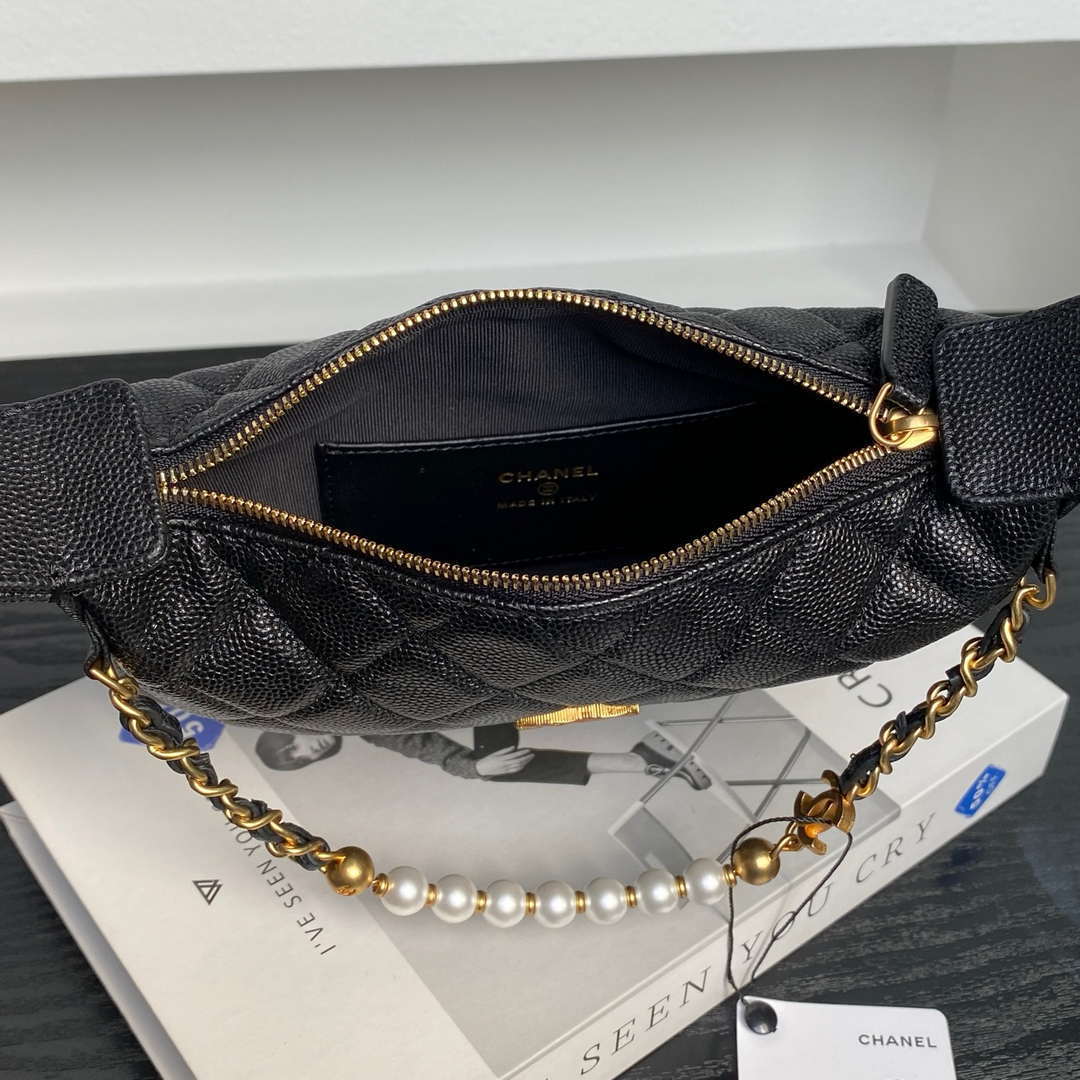 Chanel AP4584 25S  Pouch Grained Black Calfskin Imitation Pearl Gold