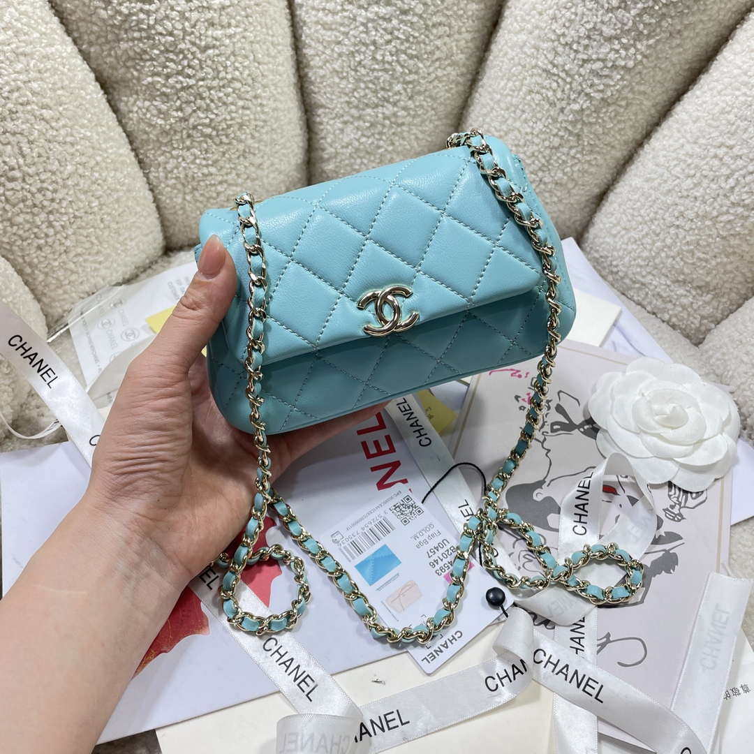 Chanel AP4593 25S Mini Flap Lake blue Lambskin with Gold