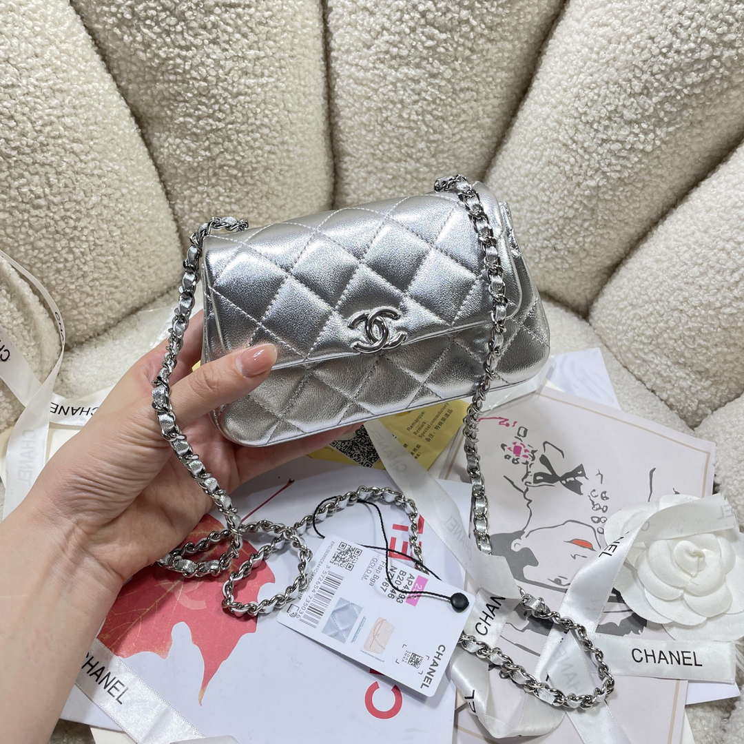 Chanel AP4593 25S Mini Flap Silver Lambskin with Silver Hardware