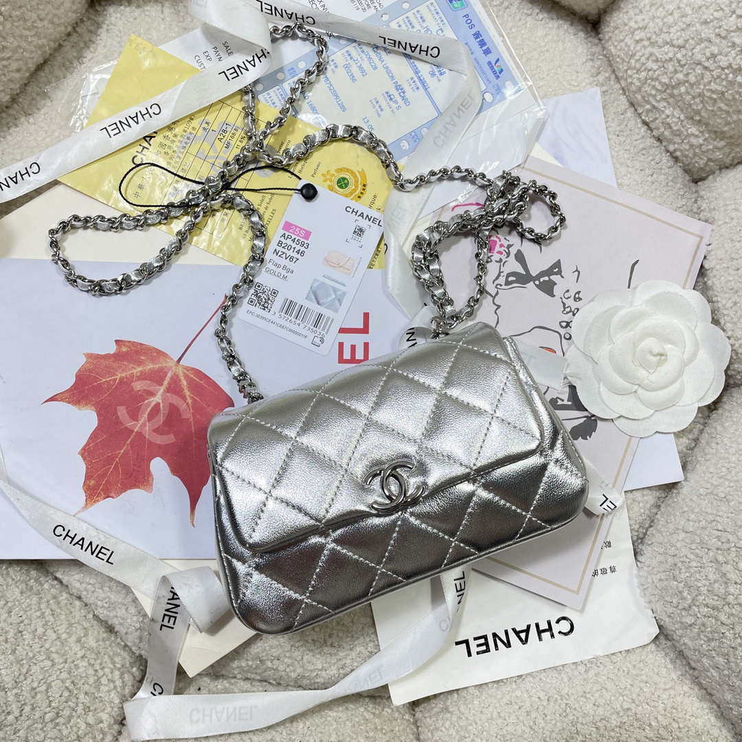 Chanel AP4593 25S Mini Flap Silver Lambskin with Silver Hardware