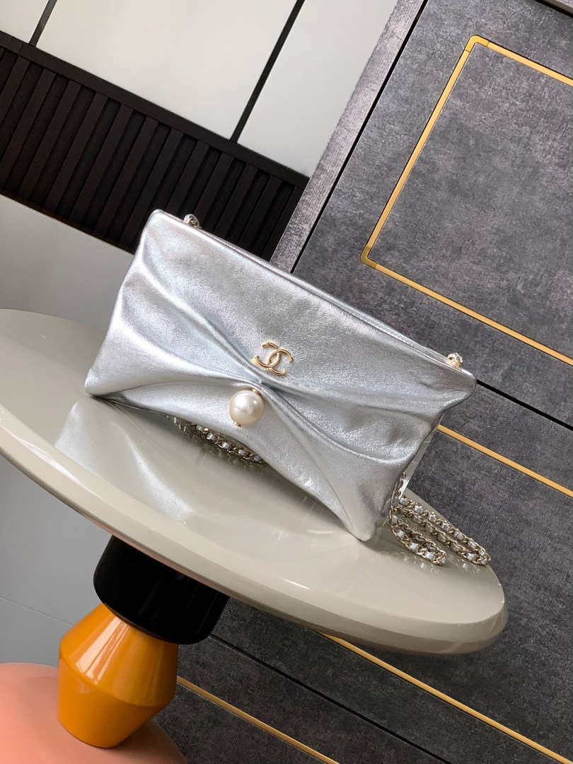 Chanel AP4613 Shiny Lambskin Imitation Pearl & Gold-Tone Metal Silver