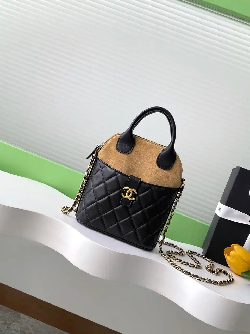 Chanel AP4742 Clutch with chain Suede Calfskin Shiny Lambskin & Gold-Tone Metal  Black &beige