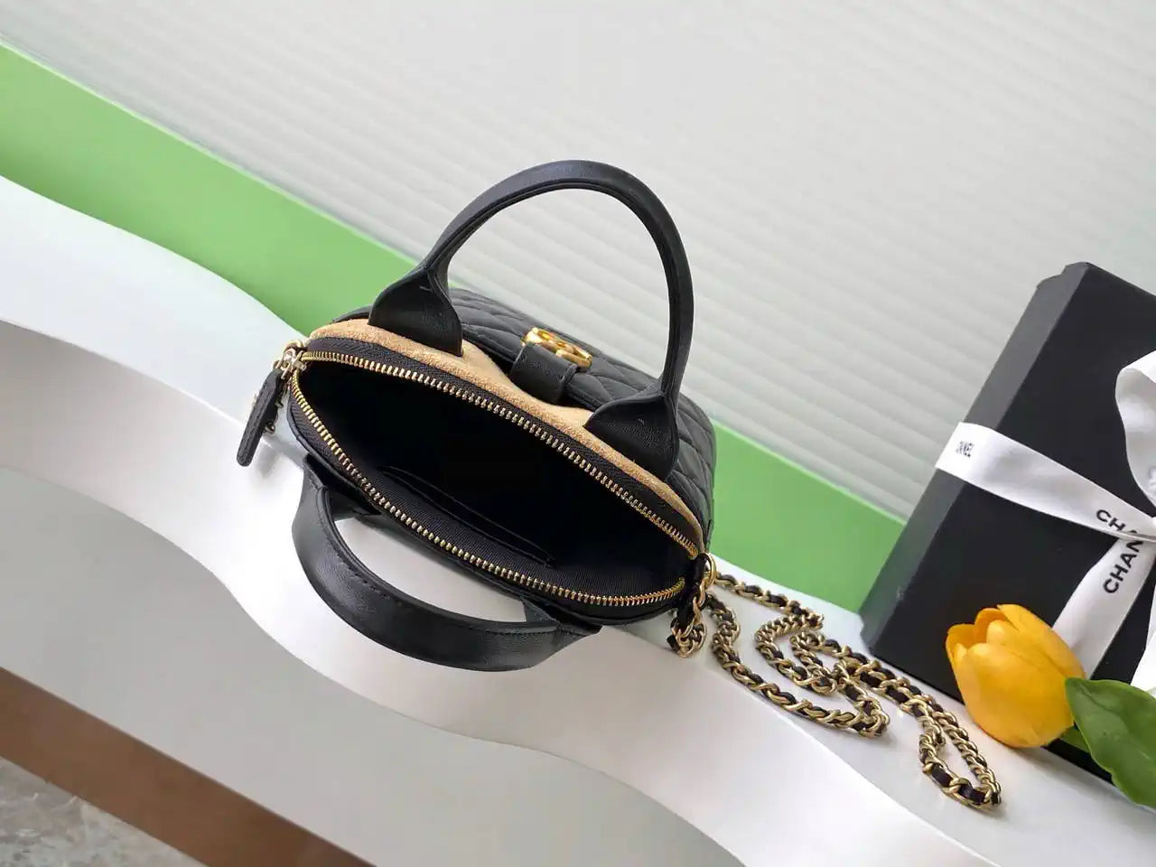 Chanel AP4742 Clutch with chain Suede Calfskin Shiny Lambskin & Gold-Tone Metal  Black &beige