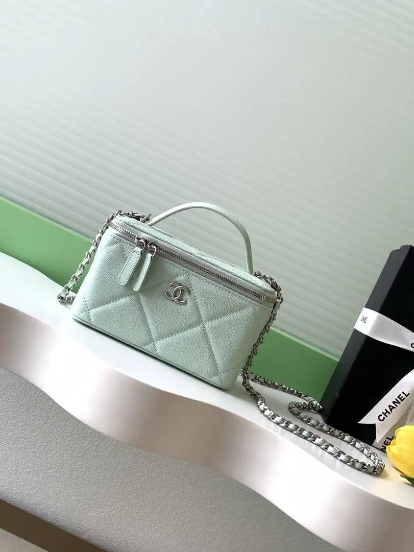 Chanel AP4933 25K Long Vanity with Chain Grained Shiny Calfskin Silver Green