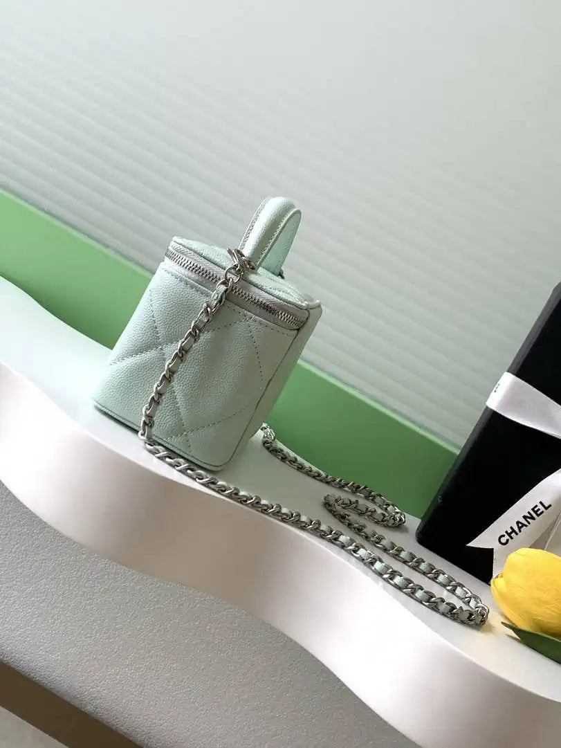 Chanel AP4933 25K Long Vanity with Chain Grained Shiny Calfskin Silver Green