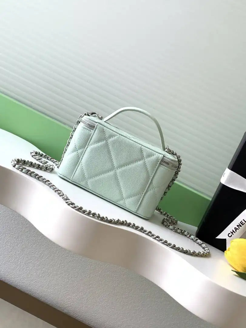 Chanel AP4933 25K Long Vanity with Chain Grained Shiny Calfskin Silver Green