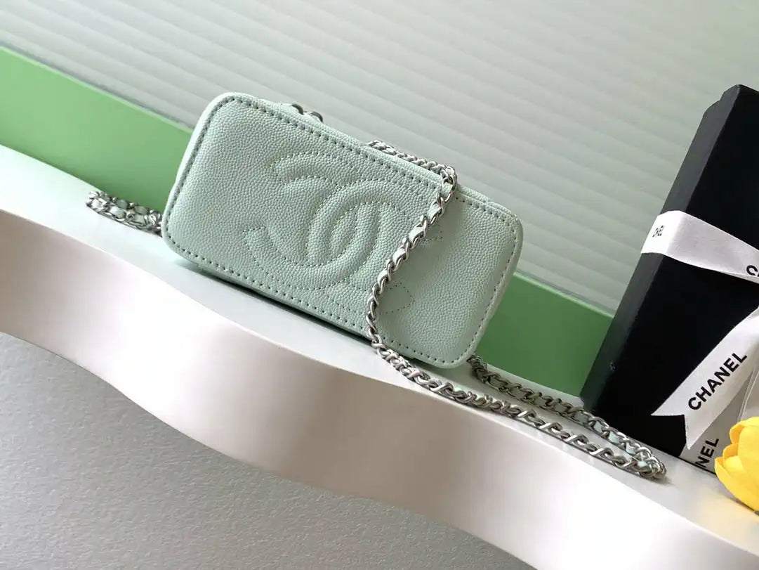 Chanel AP4933 25K Long Vanity with Chain Grained Shiny Calfskin Silver Green