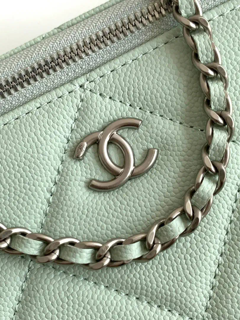 Chanel AP4933 25K Long Vanity with Chain Grained Shiny Calfskin Silver Green
