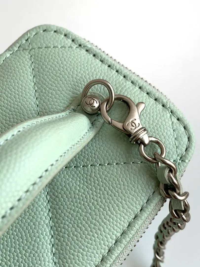 Chanel AP4933 25K Long Vanity with Chain Grained Shiny Calfskin Silver Green