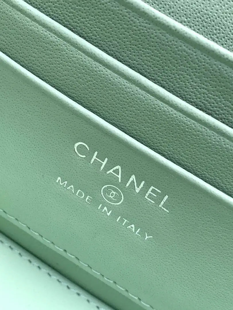 Chanel AP4933 25K Long Vanity with Chain Grained Shiny Calfskin Silver Green