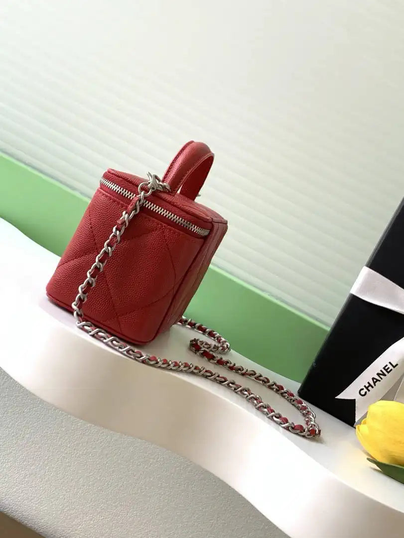 Chanel AP4933 25K Long Vanity with Chain Grained Shiny Calfskin Silver Red