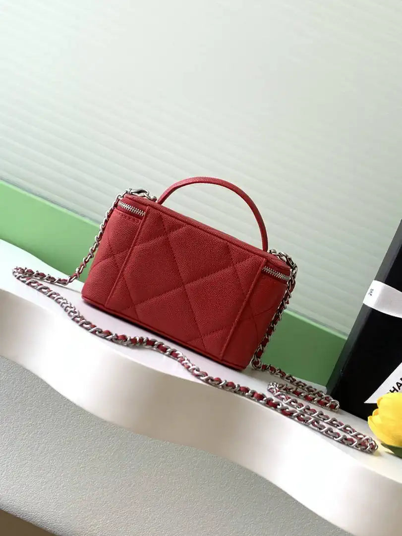 Chanel AP4933 25K Long Vanity with Chain Grained Shiny Calfskin Silver Red