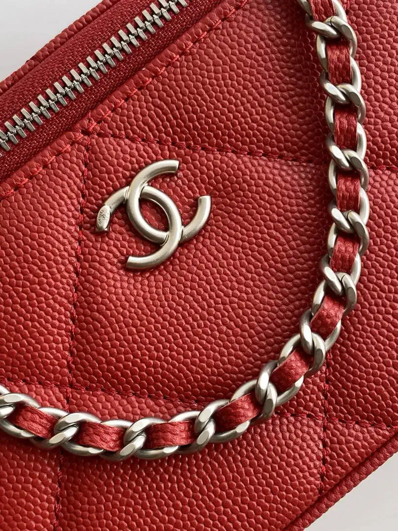 Chanel AP4933 25K Long Vanity with Chain Grained Shiny Calfskin Silver Red