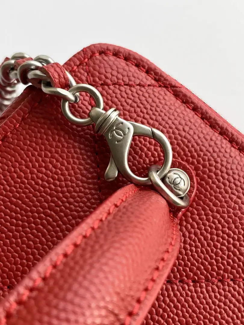 Chanel AP4933 25K Long Vanity with Chain Grained Shiny Calfskin Silver Red