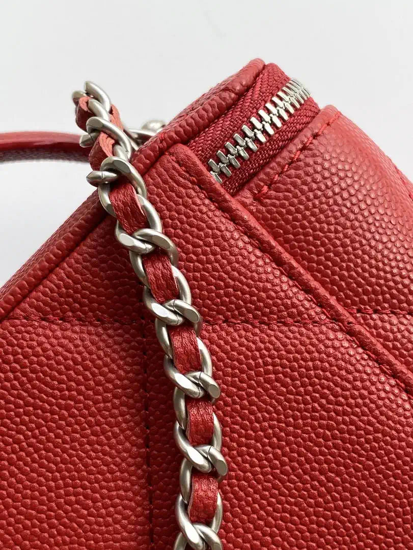 Chanel AP4933 25K Long Vanity with Chain Grained Shiny Calfskin Silver Red