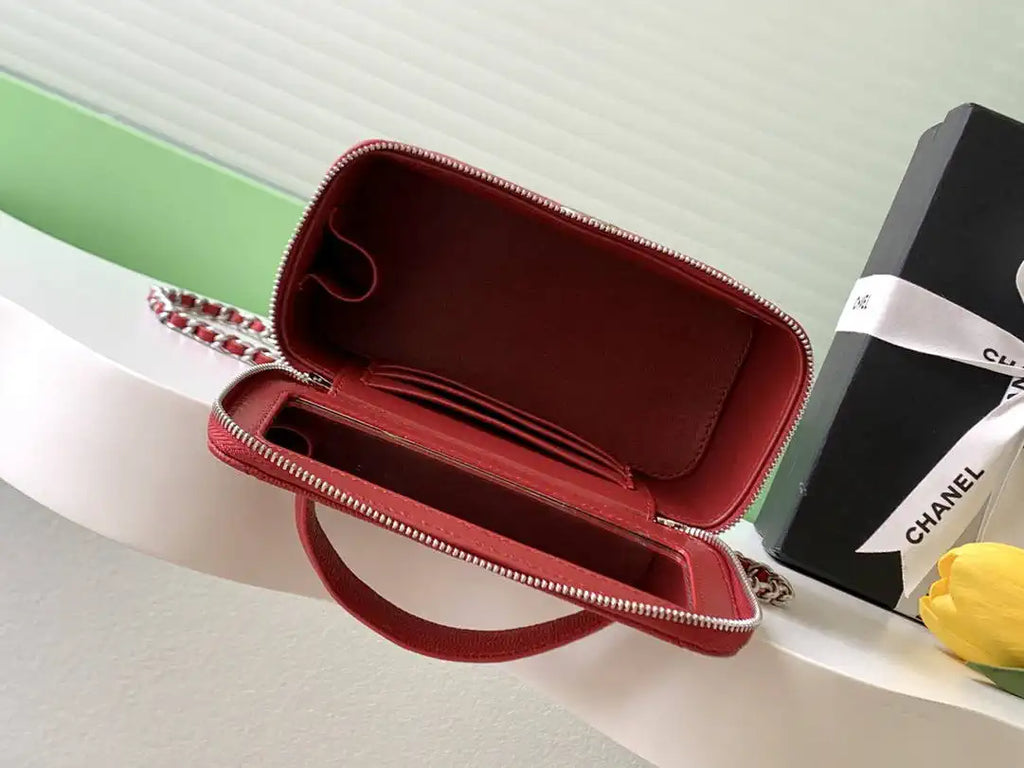 Chanel AP4933 25K Long Vanity with Chain Grained Shiny Calfskin Silver Red