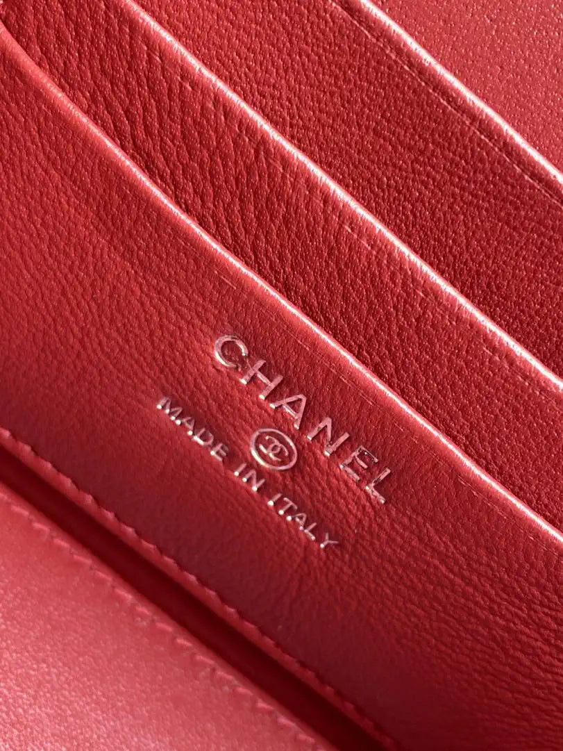 Chanel AP4933 25K Long Vanity with Chain Grained Shiny Calfskin Silver Red